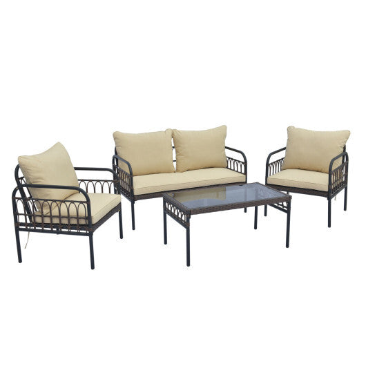 4 Pieces Outdoor Wicker Conversation Bistro Set with Soft Cushions and Tempered Glass Coffee Table-Beige - Color: Brown