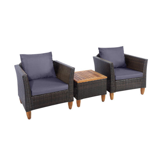 3 Pieces Patio Rattan Bistro Furniture Set with Wooden Table Top-Gray - Color: Gray