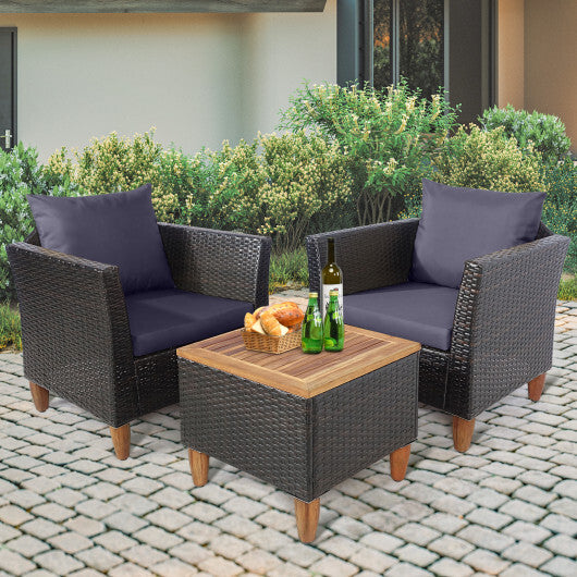 3 Pieces Patio Rattan Bistro Furniture Set with Wooden Table Top-Gray - Color: Gray