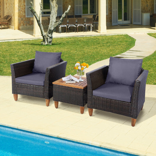 3 Pieces Outdoor Patio Wicker Furniture Set with Cushions and Acacia Wood Coffee Table-Gray - Color: Gray