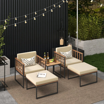 5 Piece Outdoor Furniture Set Acacia Wood Chair Set with Ottomans and Coffee Table-Beige - Color: Beige