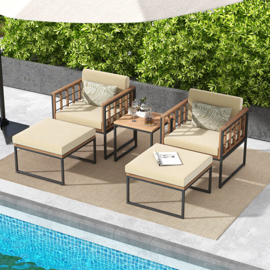 5 Piece Outdoor Furniture Set Acacia Wood Chair Set with Ottomans and Coffee Table-Beige - Color: Beige