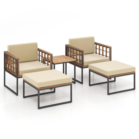 5 Piece Outdoor Furniture Set Acacia Wood Chair Set with Ottomans and Coffee Table-Beige - Color: Beige