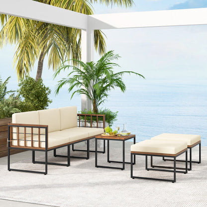 6 Pieces Acacia Wood Patio Furniture Set with Coffee Table and Ottomans-Beige - Color: Beige