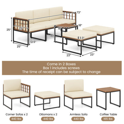 6 Pieces Acacia Wood Patio Furniture Set with Coffee Table and Ottomans-Beige - Color: Beige