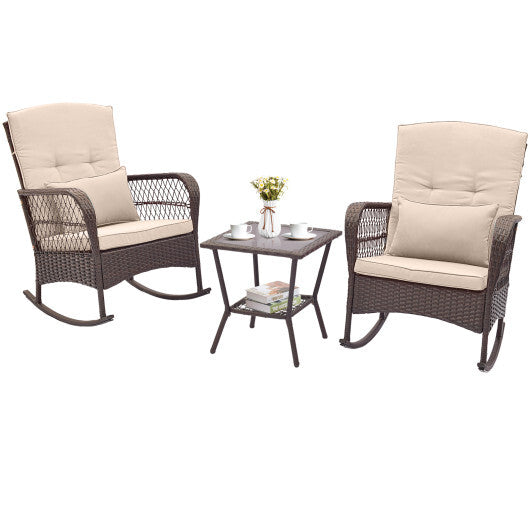 3 Pieces Rocking Bistro Set with 2-Tier Coffee Table-Brown - Color: Brown