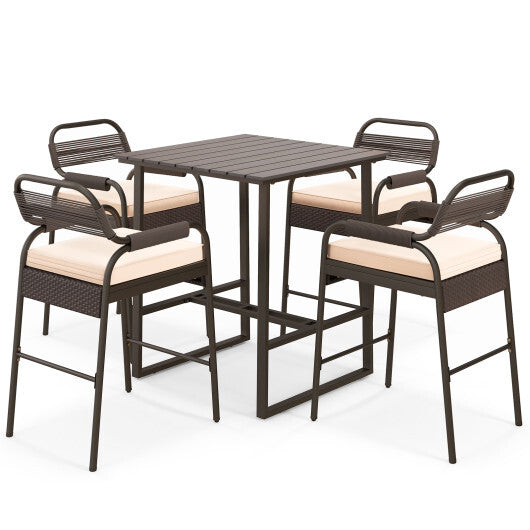 5 Piece Rattan Counter Set with 4 Stools and Polywood Bar Table-Brown - Color: Brown