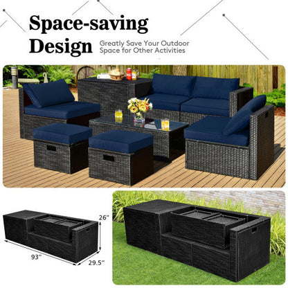 8 Pieces Patio Rattan Storage Table Furniture Set-Navy - Color: Navy