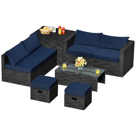 8 Pieces Patio Rattan Storage Table Furniture Set-Navy - Color: Navy