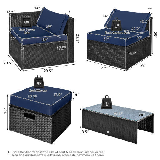 8 Pieces Patio Rattan Storage Table Furniture Set-Navy - Color: Navy