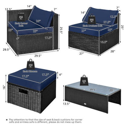 8 Pieces Patio Rattan Storage Table Furniture Set-Navy - Color: Navy