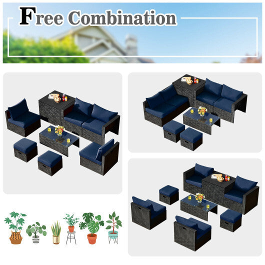 8 Pieces Patio Rattan Storage Table Furniture Set-Navy - Color: Navy