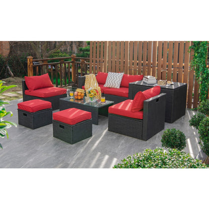 8 Pieces Patio Rattan Storage Table Furniture Set-Red - Color: Red