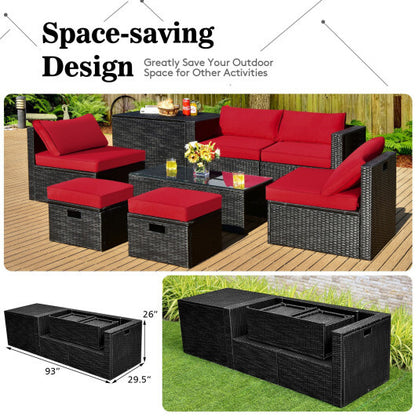 8 Pieces Patio Rattan Storage Table Furniture Set-Red - Color: Red