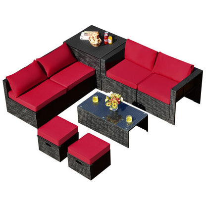 8 Pieces Patio Rattan Storage Table Furniture Set-Red - Color: Red