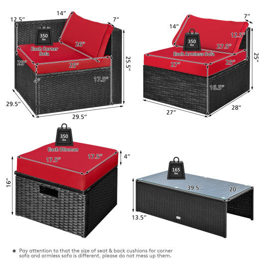 8 Pieces Patio Rattan Storage Table Furniture Set-Red - Color: Red