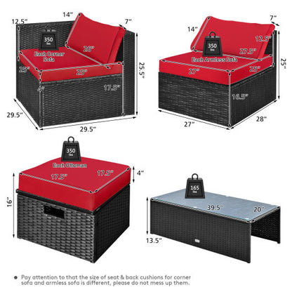 8 Pieces Patio Rattan Storage Table Furniture Set-Red - Color: Red