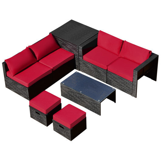 8 Pieces Patio Rattan Storage Table Furniture Set-Red - Color: Red