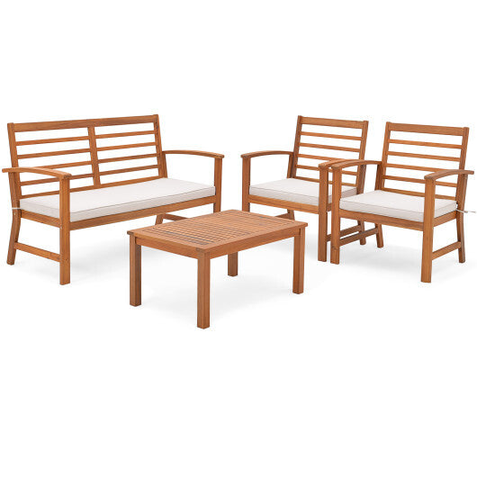 4 Pieces Outdoor Furniture Set with Stable Acacia Wood Frame-Beige - Color: Beige