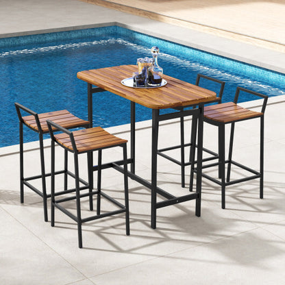 5 Piece Acacia Wood Bar Table Set Bar Height Table and Chairs with Metal Frame and Footrest