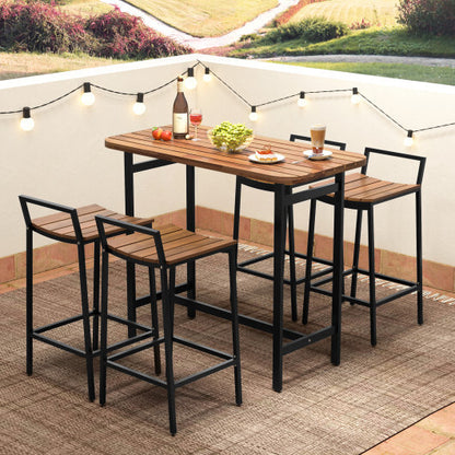 5 Piece Acacia Wood Bar Table Set Bar Height Table and Chairs with Metal Frame and Footrest