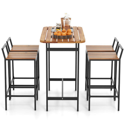 5 Piece Acacia Wood Bar Table Set Bar Height Table and Chairs with Metal Frame and Footrest