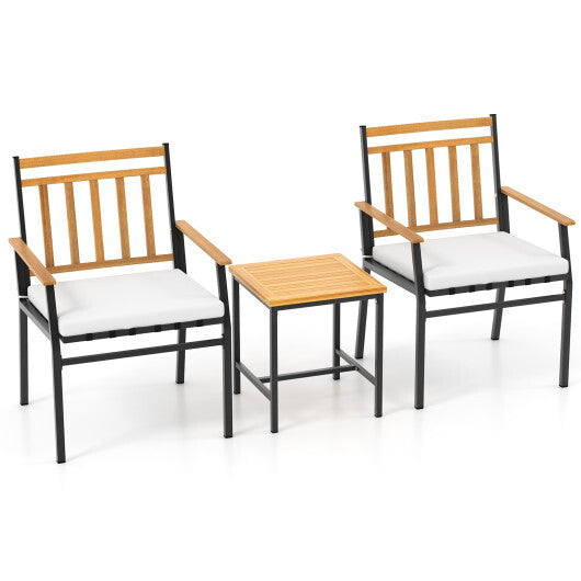 3 Pieces Outdoor Furniture Set Acacia Wood Patio Conversation Set with Cushions-White - Color: White