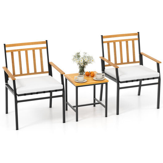 3 Pieces Outdoor Furniture Set Acacia Wood Patio Conversation Set with Cushions-White - Color: White