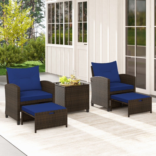 5 Pieces Patio Rattan Furniture with 2 Ottomans and Tempered Glass Coffee Table-Navy - Color: Navy