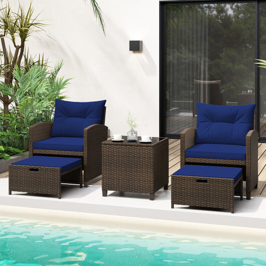 5 Pieces Patio Rattan Furniture with 2 Ottomans and Tempered Glass Coffee Table-Navy - Color: Navy