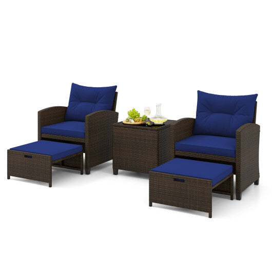 5 Pieces Patio Rattan Furniture with 2 Ottomans and Tempered Glass Coffee Table-Navy - Color: Navy