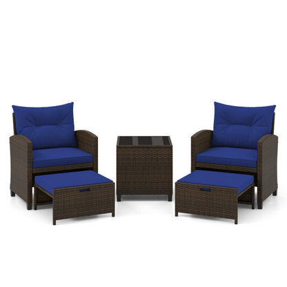 5 Pieces Patio Rattan Furniture with 2 Ottomans and Tempered Glass Coffee Table-Navy - Color: Navy