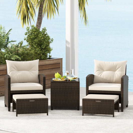 5 Pieces Patio Rattan Furniture with 2 Ottomans and Tempered Glass Coffee Table-Beige - Color: Beige