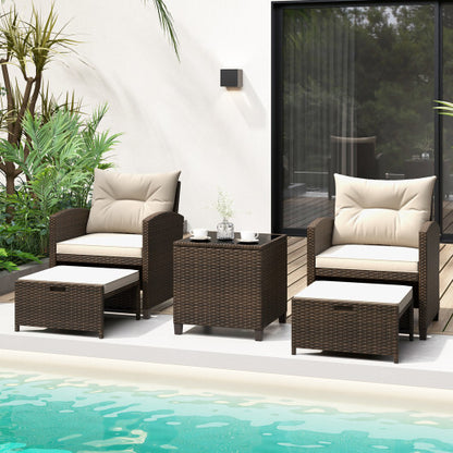 5 Pieces Patio Rattan Furniture with 2 Ottomans and Tempered Glass Coffee Table-Beige - Color: Beige