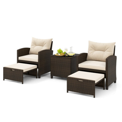 5 Pieces Patio Rattan Furniture with 2 Ottomans and Tempered Glass Coffee Table-Beige - Color: Beige