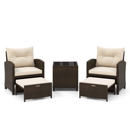 5 Pieces Patio Rattan Furniture with 2 Ottomans and Tempered Glass Coffee Table-Beige - Color: Beige