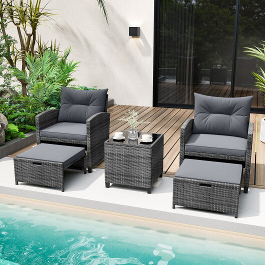 5 Piece Patio Rattan Furniture with 2 Ottomans and Tempered Glass Coffee Table-Gray - Color: Gray