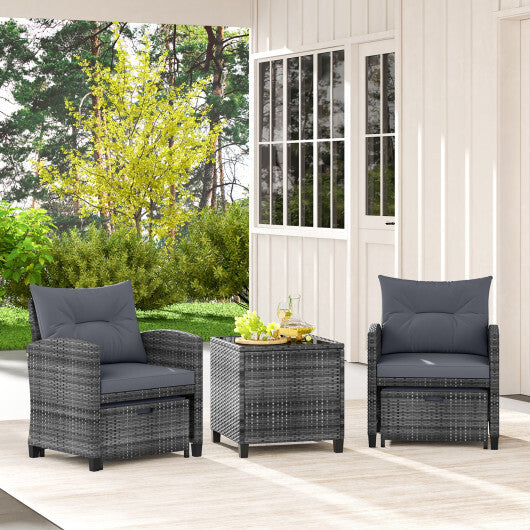 5 Piece Patio Rattan Furniture with 2 Ottomans and Tempered Glass Coffee Table-Gray - Color: Gray