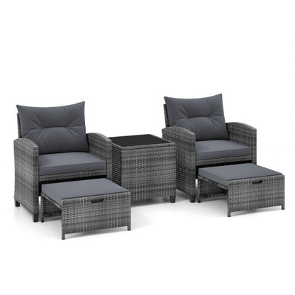 5 Piece Patio Rattan Furniture with 2 Ottomans and Tempered Glass Coffee Table-Gray - Color: Gray