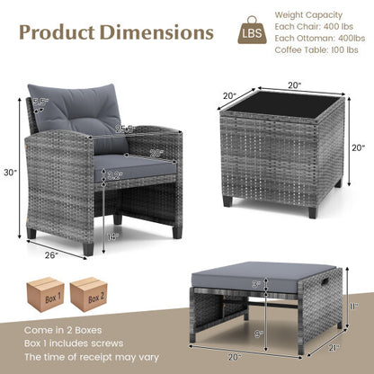 5 Piece Patio Rattan Furniture with 2 Ottomans and Tempered Glass Coffee Table-Gray - Color: Gray