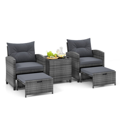 5 Piece Patio Rattan Furniture with 2 Ottomans and Tempered Glass Coffee Table-Gray - Color: Gray