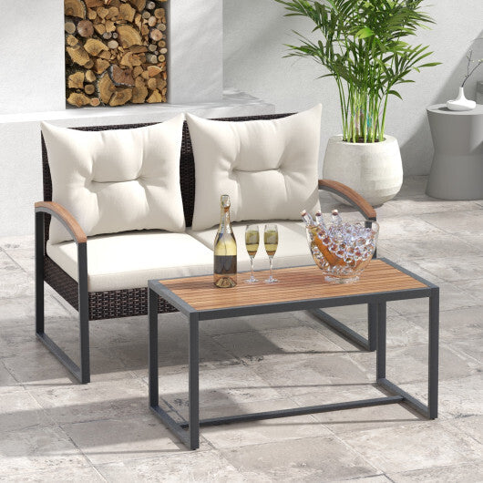 2 Pieces Patio PE Wicker Furniture Set with Acacia Wood Coffee Table-White - Color: White