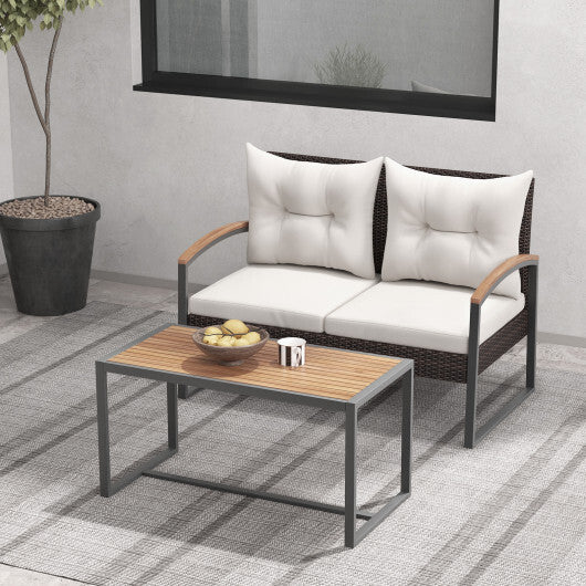 2 Pieces Patio PE Wicker Furniture Set with Acacia Wood Coffee Table-White - Color: White