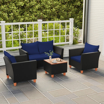 4 Pieces Outdoor Conversation Set with Storage Coffee Table-Navy - Color: Navy