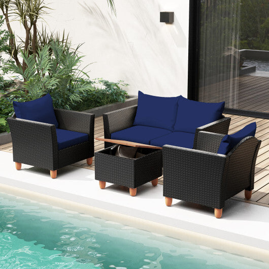 4 Pieces Outdoor Conversation Set with Storage Coffee Table-Navy - Color: Navy