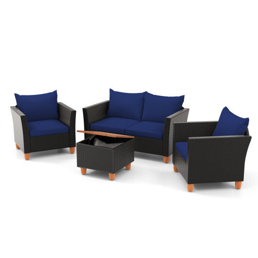 4 Pieces Outdoor Conversation Set with Storage Coffee Table-Navy - Color: Navy