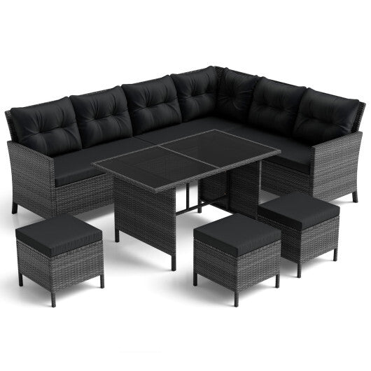 7 Pieces Patio Dining Furniture Set with Soft Cushions and Ottomans-Black - Color: Black