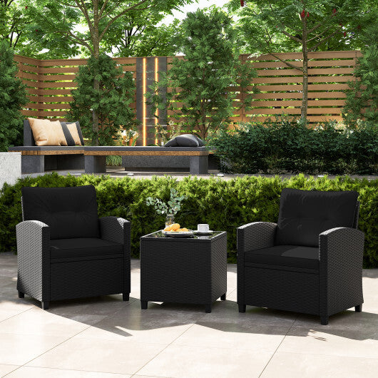 3 Pieces Patio Furniture Set with Tempered Glass Coffee Table-Black - Color: Black