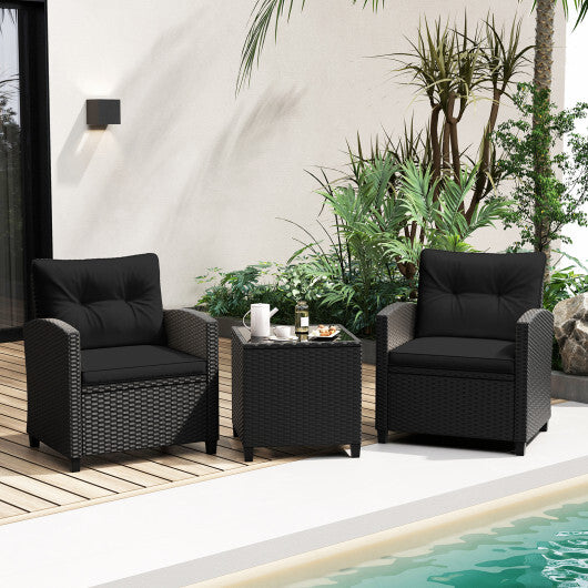 3 Pieces Patio Furniture Set with Tempered Glass Coffee Table-Black - Color: Black