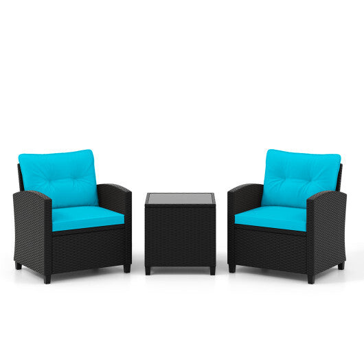 3 Pieces Patio Furniture Set with Tempered Glass Coffee Table-Turquoise - Color: Turquoise